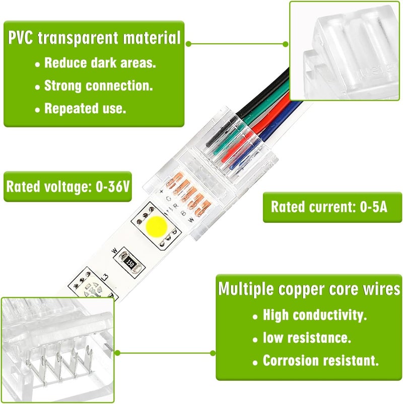 EPLZON 5 Pin 10 mm LED Strip Connector LED Light Connector Strip to Wire Quick Connector RGB Lights Adapter Clear Unwired Gapless Track Lighting Connector for 5050 LED RGB Strip Light(20pcs) - Image 3